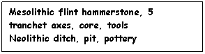 Text Box: Mesolithic flint hammerstone, 5 tranchet axes, core, tools
Neolithic ditch, pit, pottery